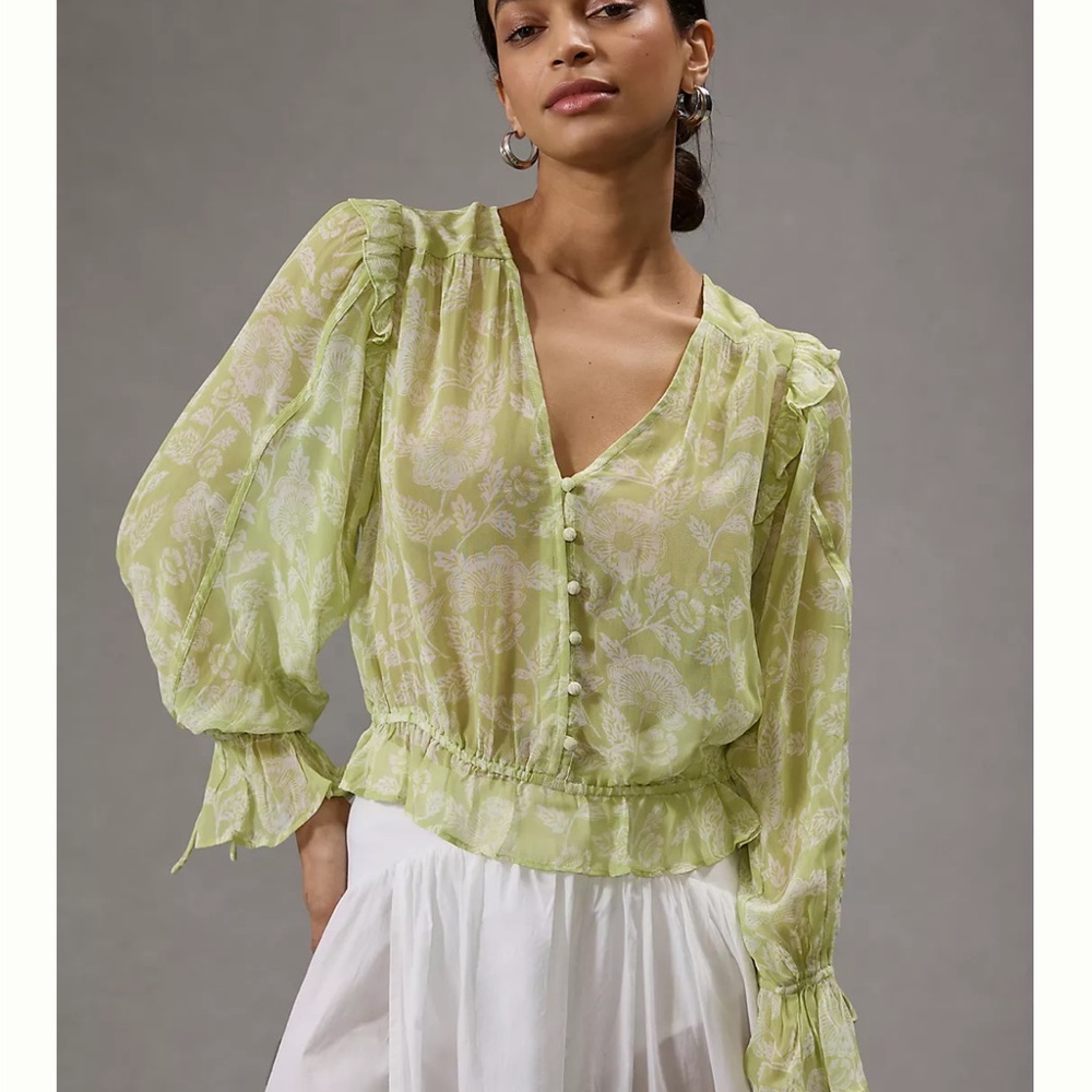 Anthropologie Green Puff Sleeve Blouse with Ruffles